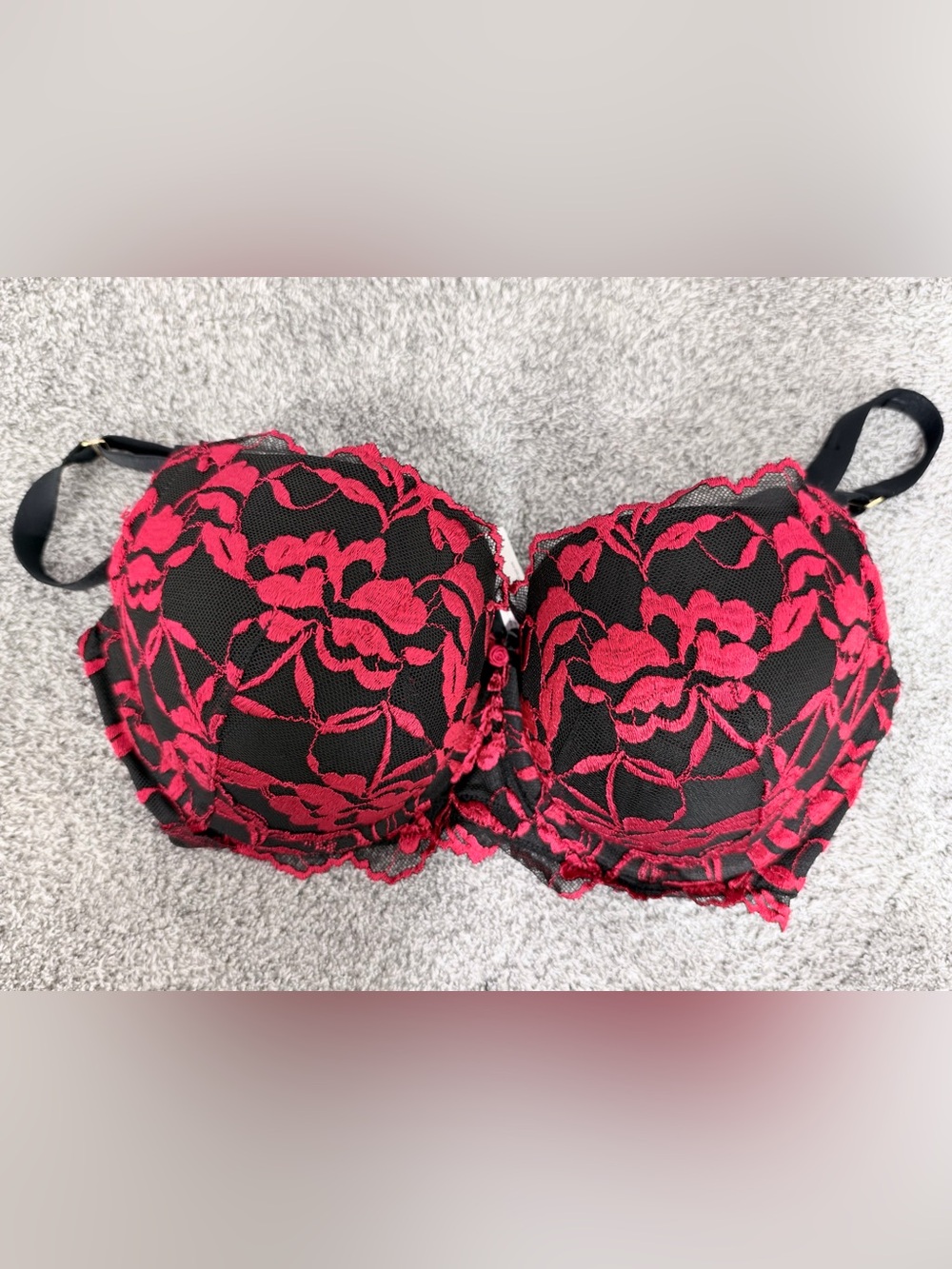 Cacique Black Bra with Red Floral Lace Overlay
